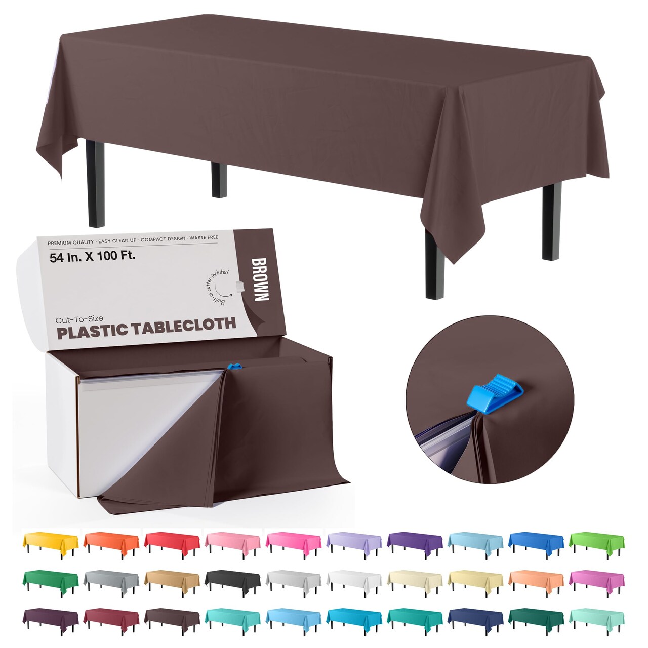 Exquisite Party Solids 54" x 100' Plastic Table Cover Roll with Slide Cutter – Cut-to-Size Dispenser Box – Makes Up to 12 Disposable 8' Rectangle Tablecloths